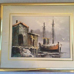 Small painting house boat sea view framed art wall hanging